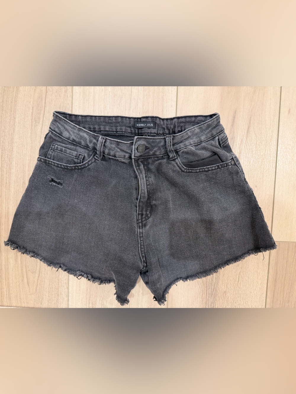 Sincerely Jules Washed Black Denim Shorts with Frayed Hem